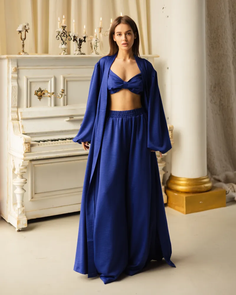 Піжамний костюм-трійка Diana шліфований льон (бра+халат+штани) Синій