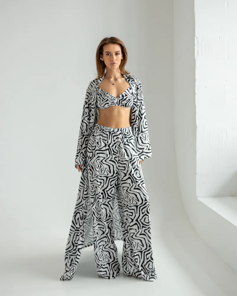 Піжамний костюм-трійка Helen італійський шовк (бра+халат+штани) Білий з чорним