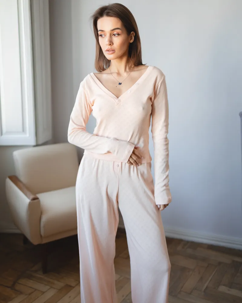 Піжамний костюм-трійка "Nicoletta" (кофта+шорти+штани) тканина трикотаж Персиковий