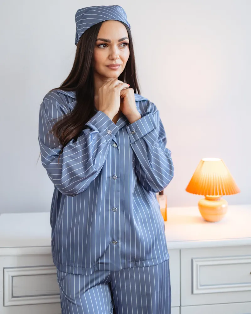 Піжама "Kleo" в смужку шовк Армані + хустинка Синій