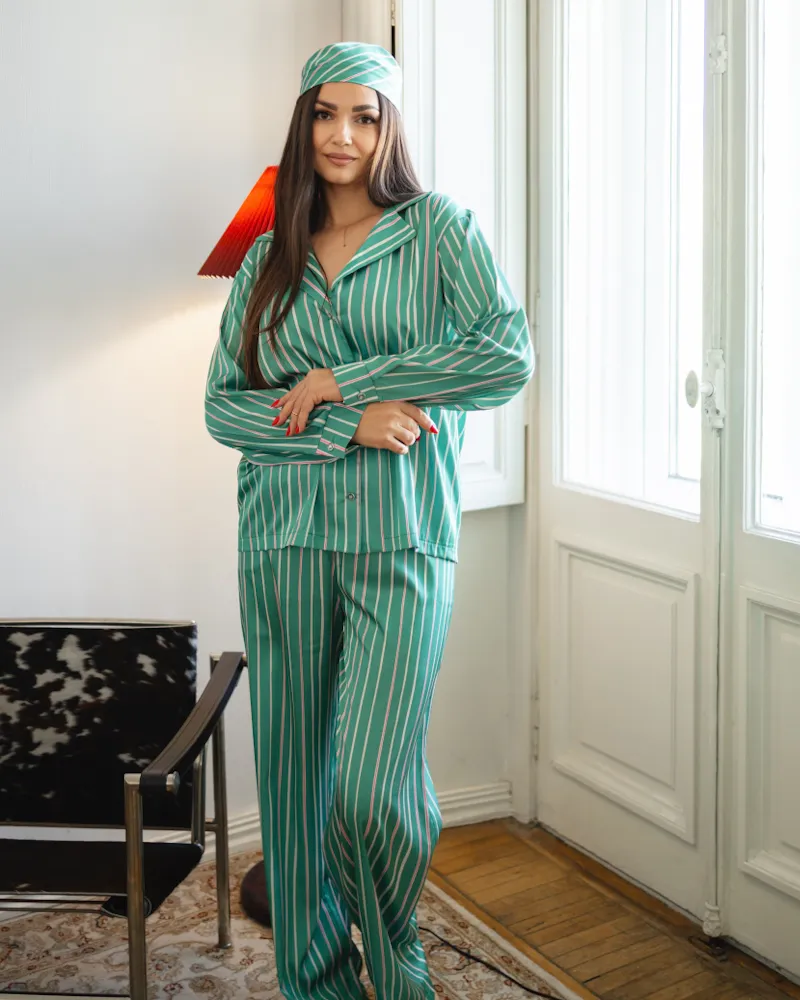 Пижама «Kleo» в полоску шелк Армани + косынка Зеленый