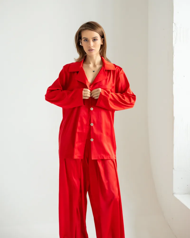 Піжамний костюм-трійка "Georgia" тканина шовк Армані + мереживо (сорочка+майка+штани) Червоний