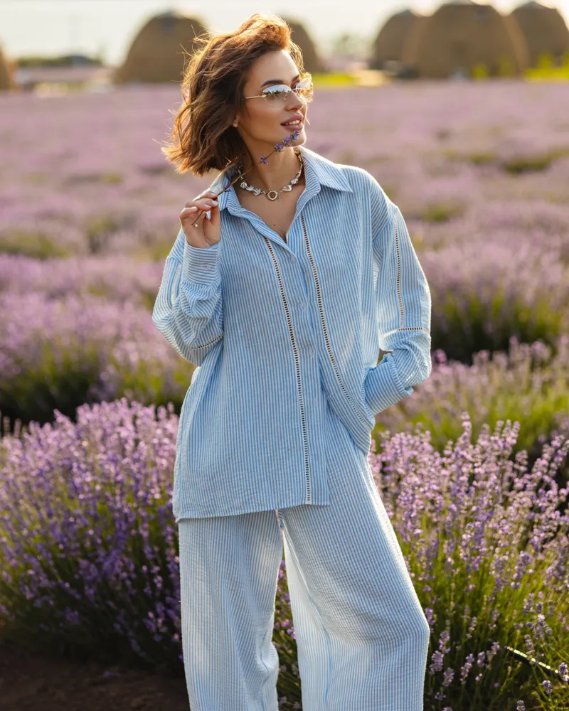 Домашній костюм-трійка "Bianca" (сорочка+штани+шорти) льон + мереживо Блакитний