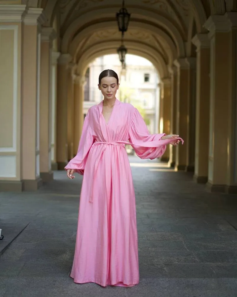 Піжамний костюм-трійка Diana шліфований льон (бра+халат+штани) Рожевий