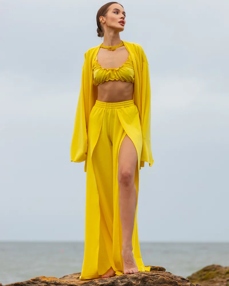 Домашній костюм "Afina" (халат+топ+штани) трикотаж двунитка Жовтий