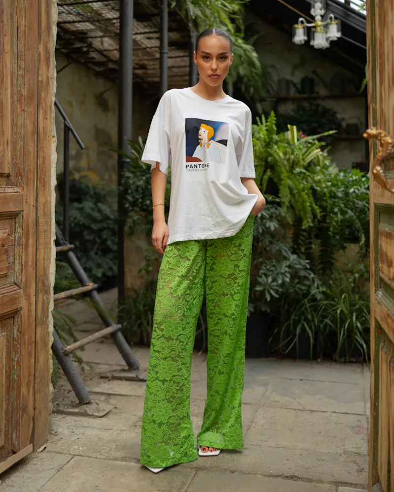 Pants made of lace fabric Green