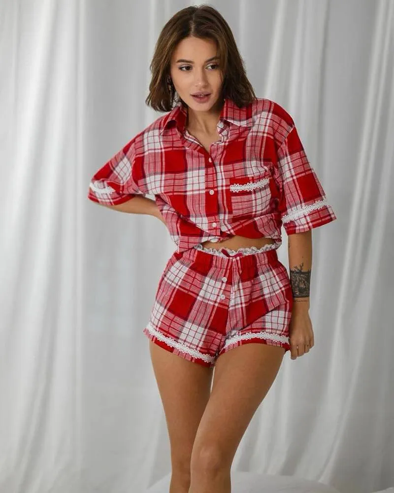 Жіночий костюм в піжамному стилі "Judy" бавовна преміум якості + італійське мереживо Червоний