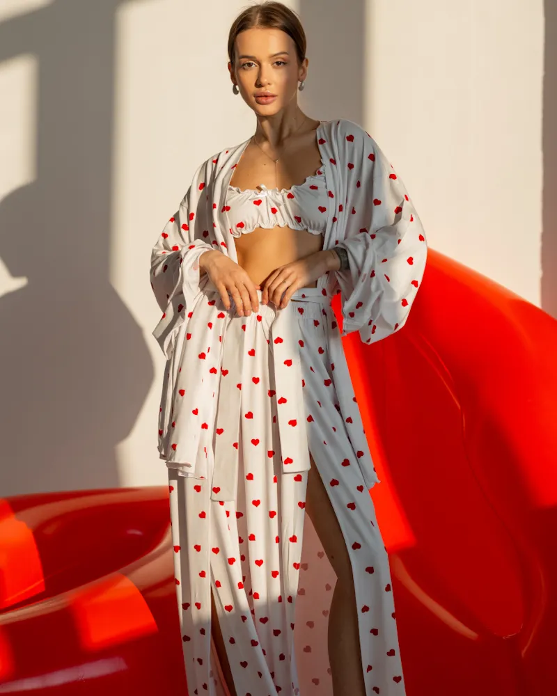 Домашній костюм "Afina" (халат+топ+штани) трикотаж двунитка Серця