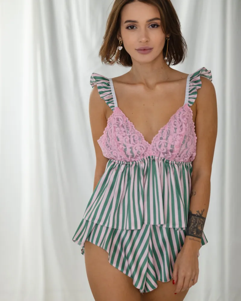 Женская пижама «Nora» шелк Армани + кружево Зелено-розовый