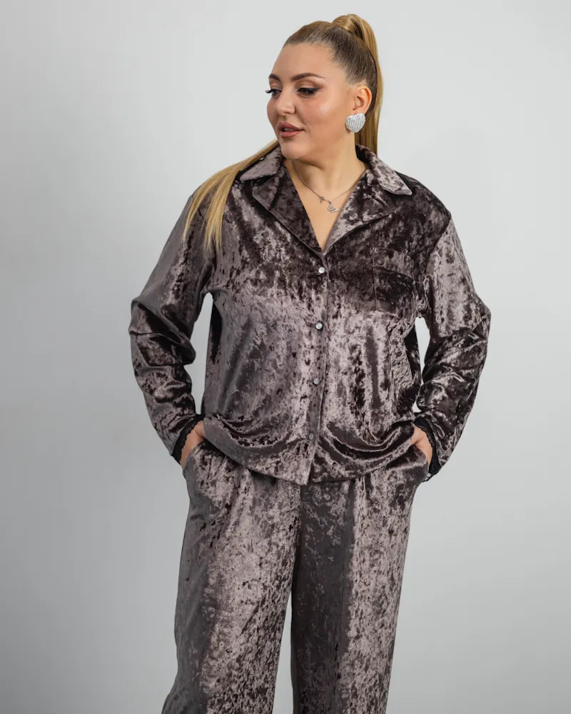 Піжама "Vella" мармуровий велюр + мереживо Коричневий