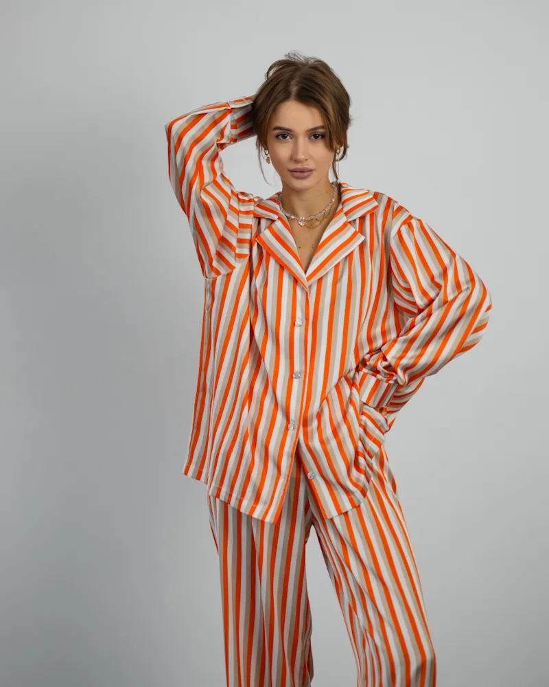 Піжама "Kleo" в смужку шовк Армані + хустинка Помаранчевий