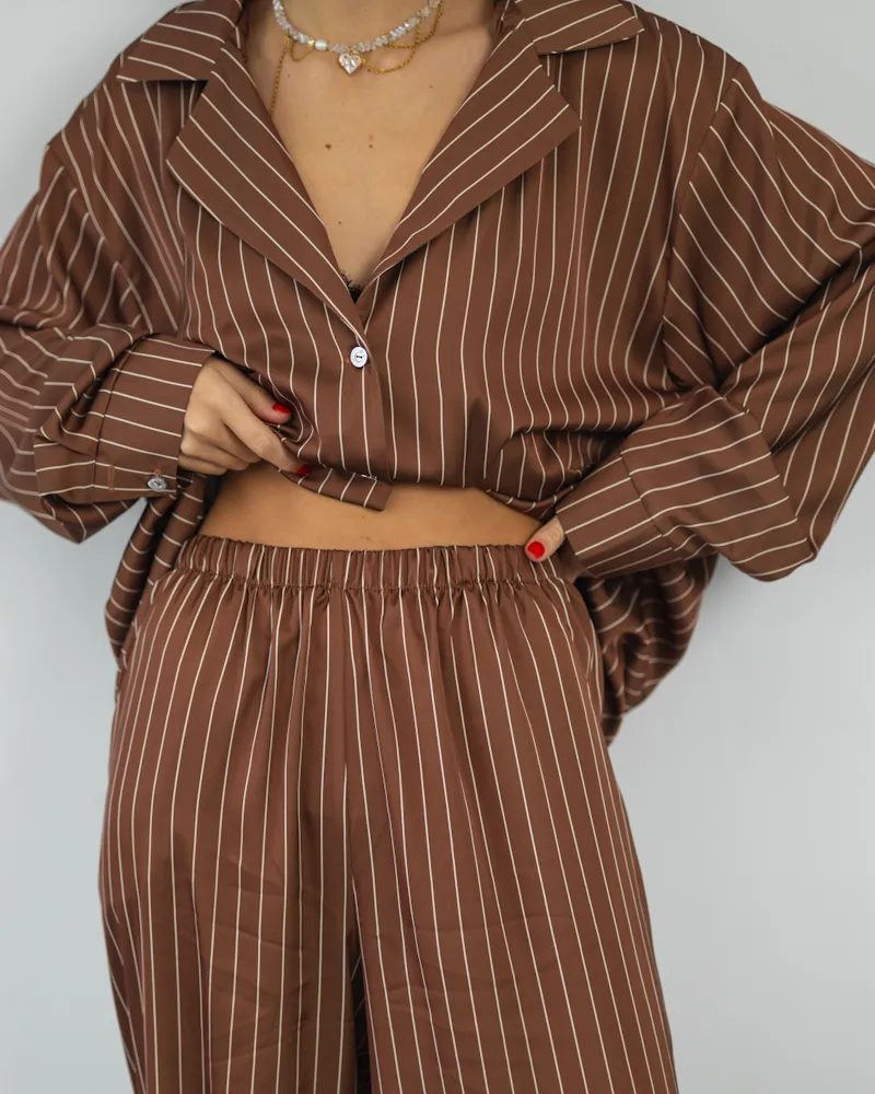 Піжама "Kleo" в смужку шовк Армані + хустинка Коричневий