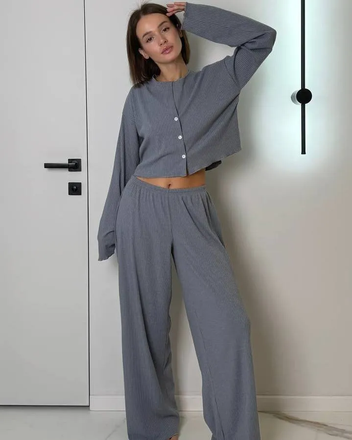 Жіноча піжама "Sandra" трикотаж рубчик Сірий