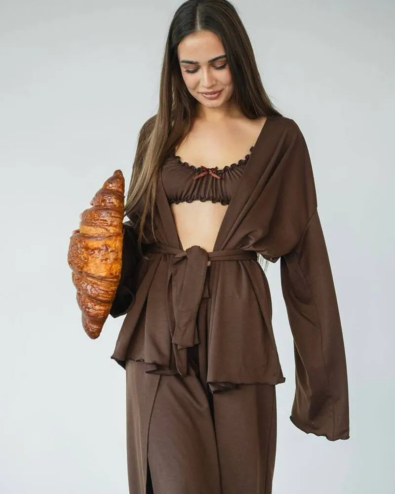 Домашній костюм "Afina" (халат+топ+штани) трикотаж двунитка Коричневий