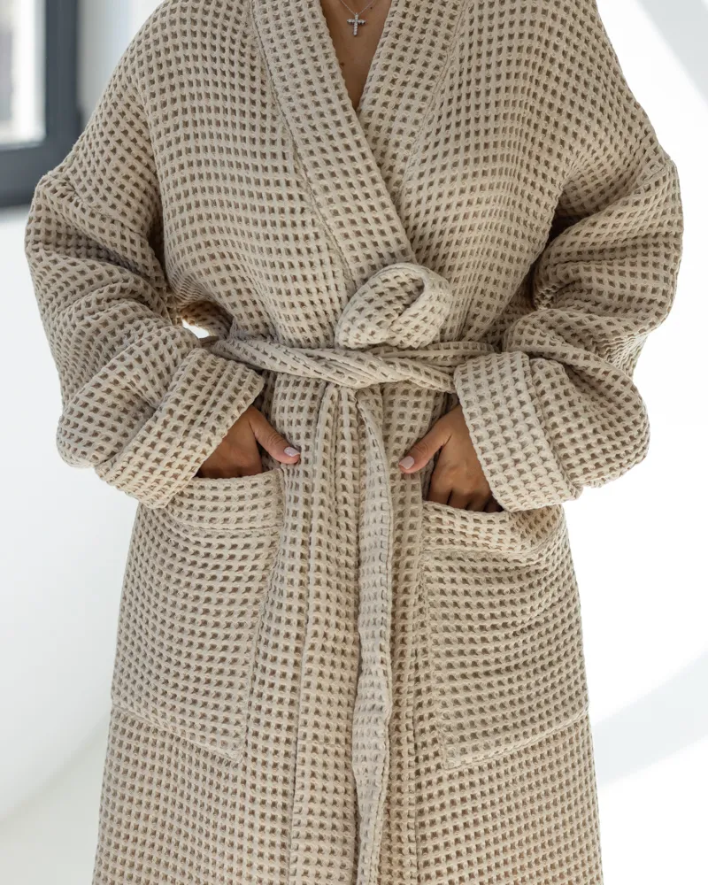 Women's bathrobe (natural waffle fabric) Beige