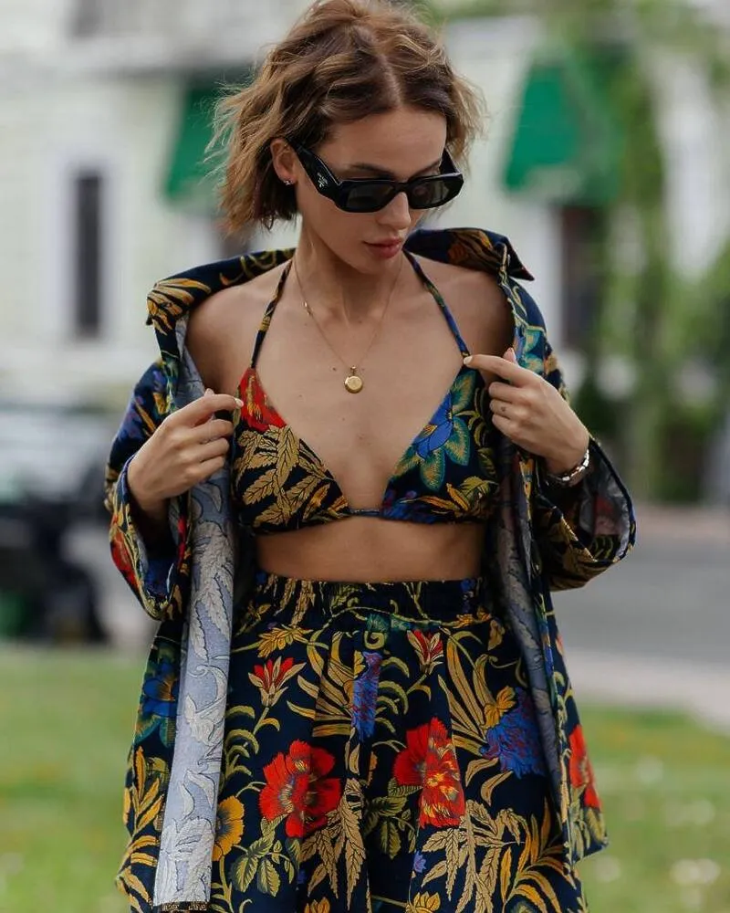 Women's three-piece suit "Maldives" (shirt+bra+shorts) linen Blue