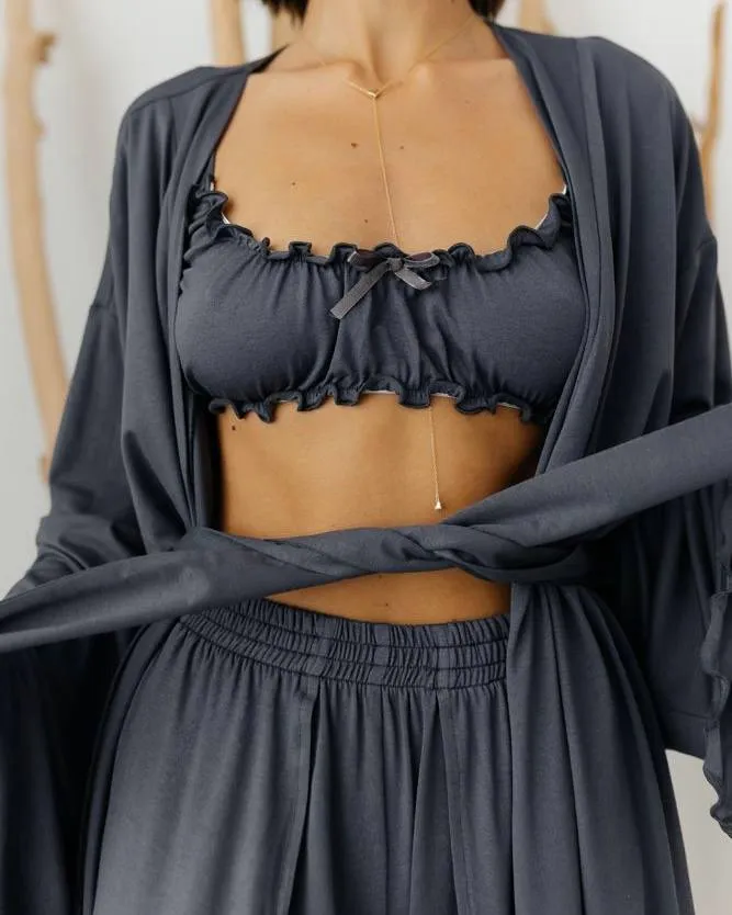 Домашній костюм "Afina" (халат+топ+штани) трикотаж двунитка Сірий