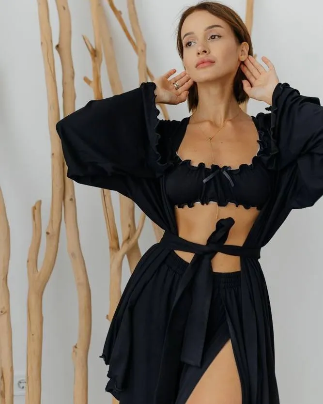 Домашній костюм "Afina" (халат+топ+штани) трикотаж двунитка Чорний