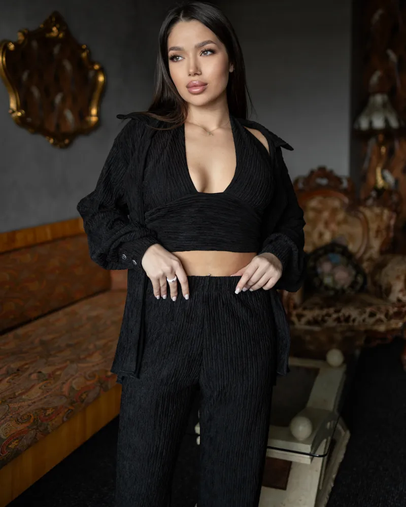 Жіночий костюм-трійка "Dominica" (сорочка+топ+штани) віскоза жатка Чорний