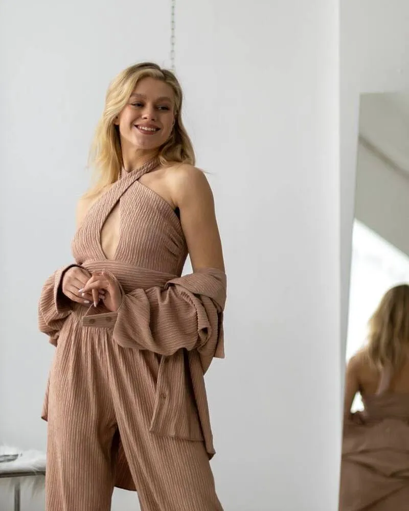 Жіночий костюм-трійка "Dominica" (сорочка+топ+штани) віскоза жатка Бежевий