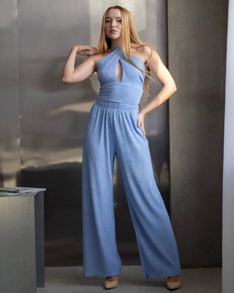 Жіночий костюм-трійка "Dominica" (сорочка+топ+штани) віскоза жатка Блакитний