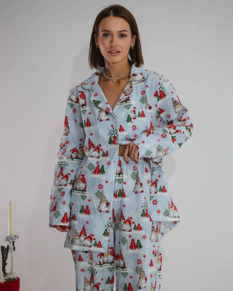 Пижамный костюм-тройка из байки "Holiday" Голубой