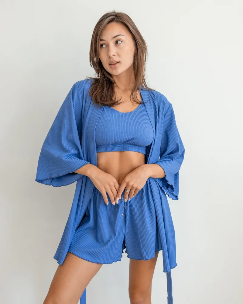 Піжамний костюм трійка з рубчика Dana (халат+топ+шорти) Джинсовий