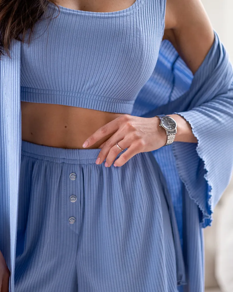 Піжамний костюм трійка з рубчика Dana (халат+топ+шорти) Блакитний