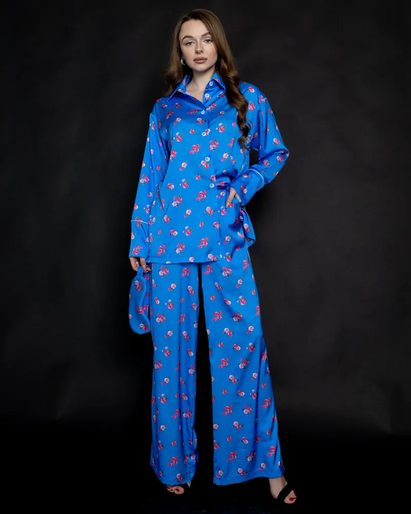 Pajamas silk Armani Italy premium class Flowers Blue