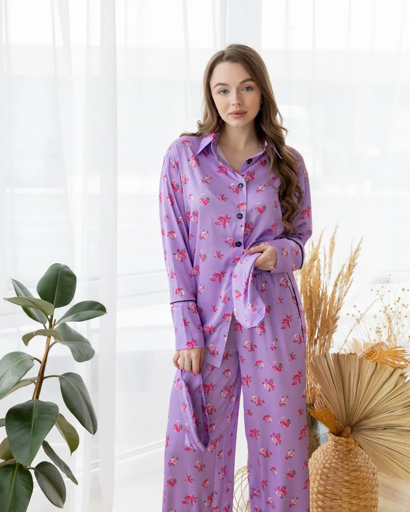 Піжама шовк Армані Італія преміум-класу Flowers Лавандовий