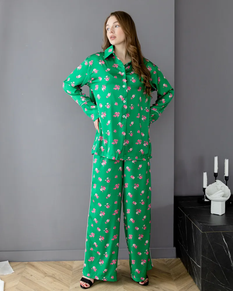 Піжама шовк Армані Італія преміум-класу Flowers Зелений