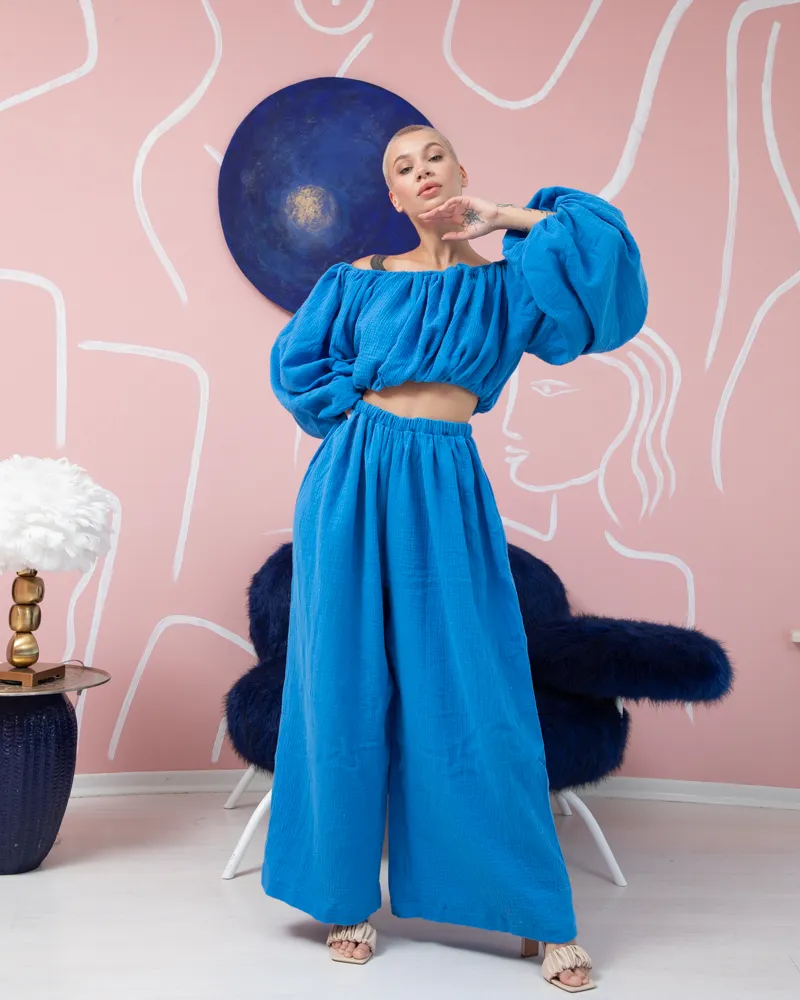 Піжамний костюм трійка муслін "Lui" блакитний