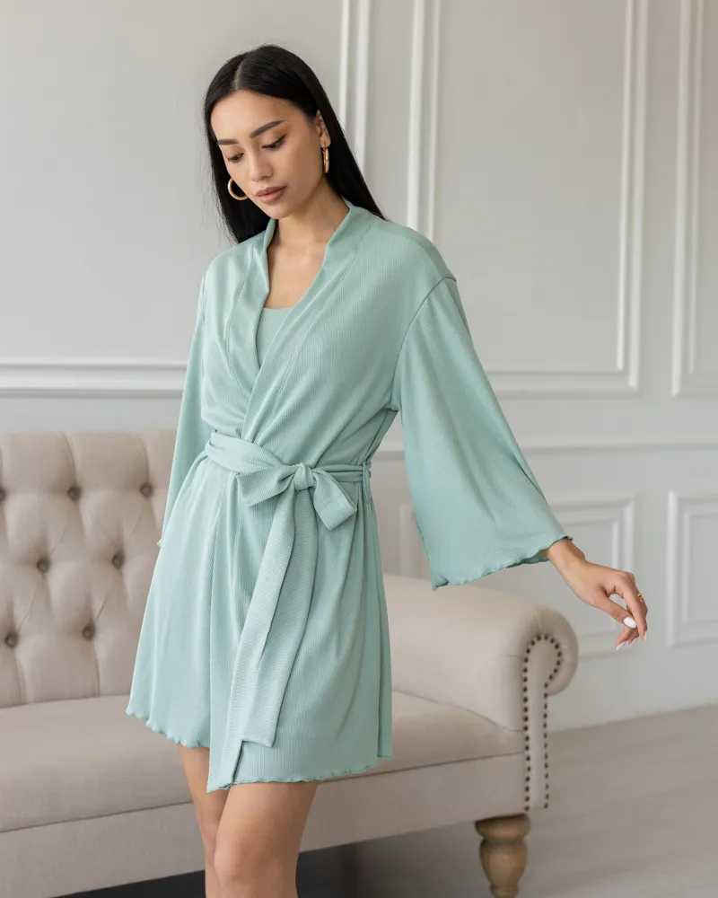 Піжамний костюм трійка з рубчика Dana (халат+топ+шорти) Фісташковий