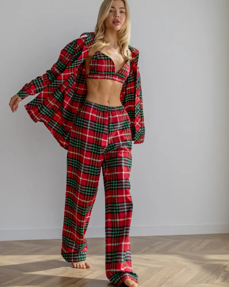 Піжамний костюм трійка з байки Vanessa (Сорочка+Бра+Штани) Червоно-Зелений