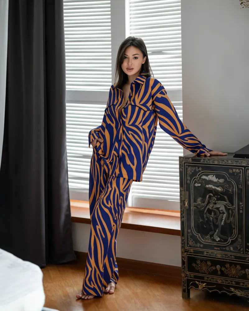 Піжамний костюм трійка "Zаra"(Сорочка+бра+штани) Помаранчево-синій