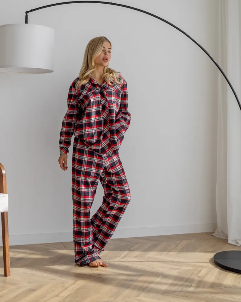 Піжамний костюм трійка з байки Vanessa (Сорочка+Бра+Штани) Синьо-червоний