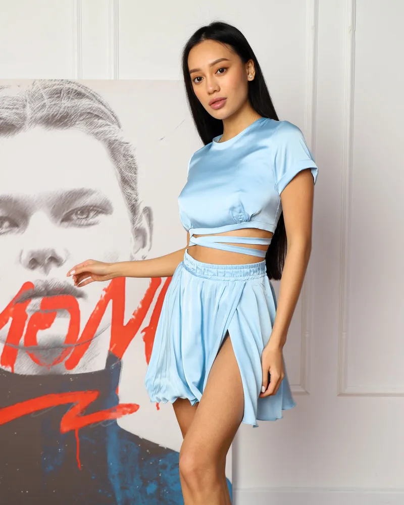 Костюм з Шовку Армані (спідниця + топ) "Xena" Блакитний