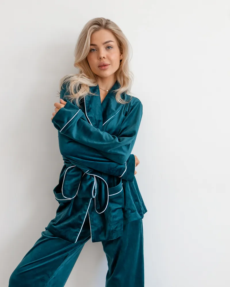 Пижама на запах велюр Eva Изумрудный