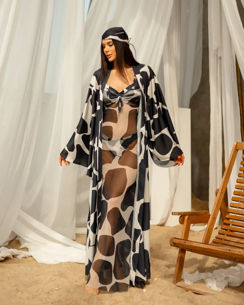 Жіночий комплект "Tropicana" (кімоно-купальник-косинка) тканина італійський шовк Чорно-білий