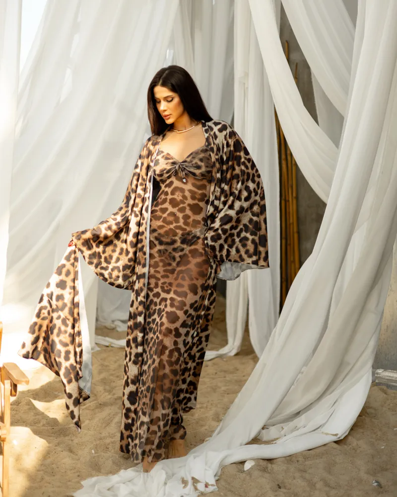 Жіночий комплект "Tropicana" (кімоно-купальник-косинка) тканина італійський шовк Леопард