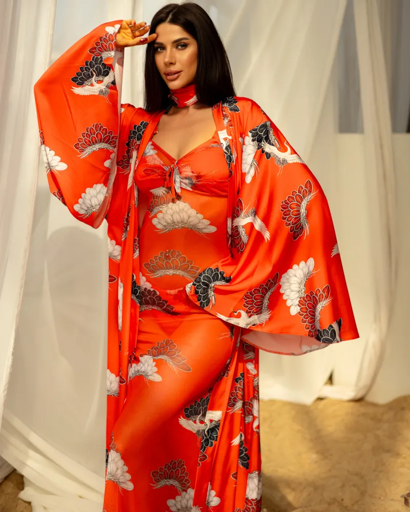 Жіночий комплект "Tropicana" (кімоно-купальник-косинка) тканина італійський шовк Червоний