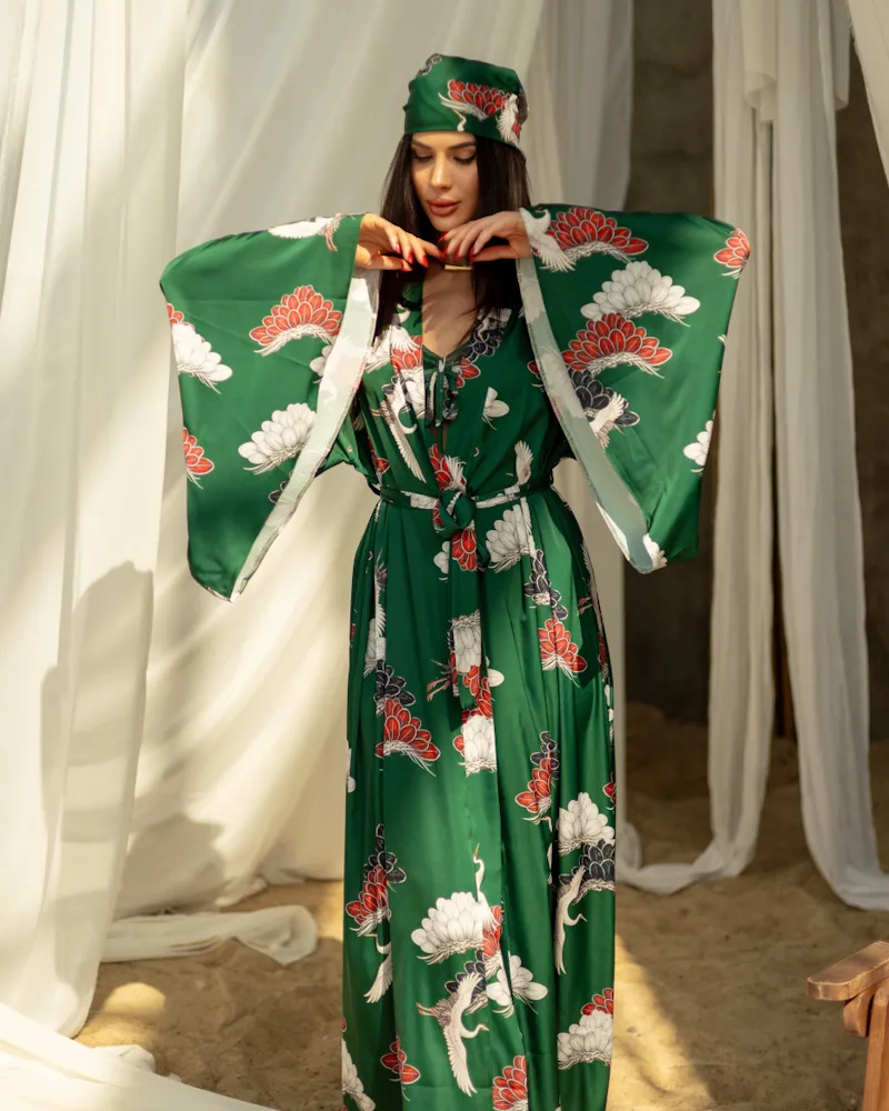 Жіночий комплект "Tropicana" (кімоно-купальник-косинка) тканина італійський шовк Зелений