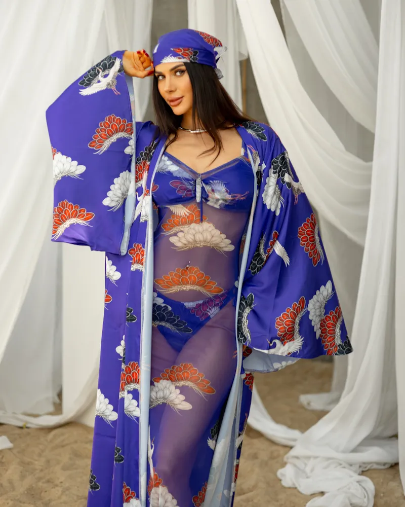 Жіночий комплект "Tropicana" (кімоно-купальник-косинка) тканина італійський шовк Синій