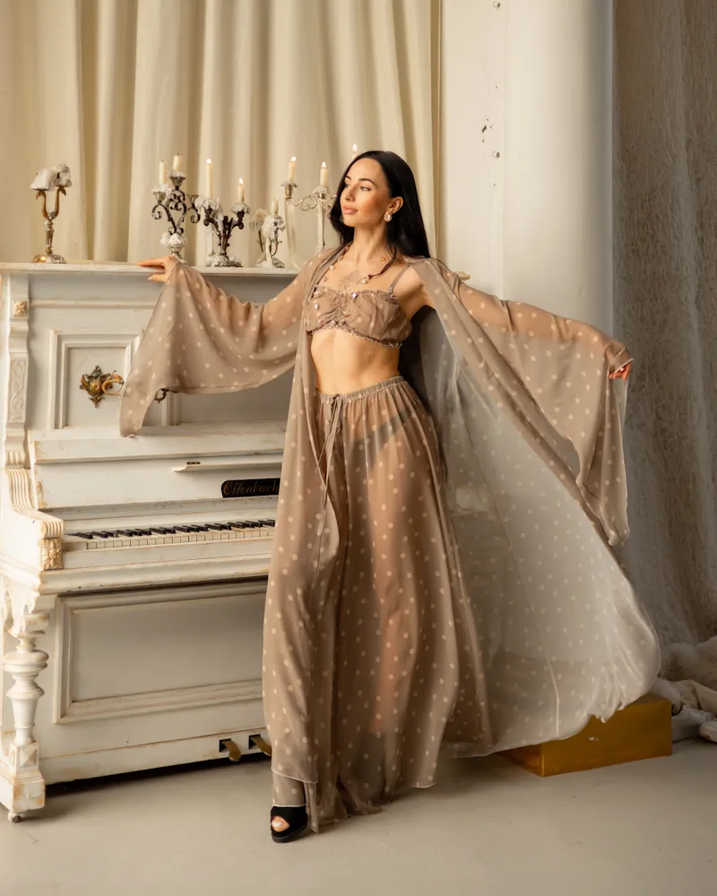 Домашній костюм-трійка "Evelina" (халат+ліф+штани) тканина шифон Бежевий